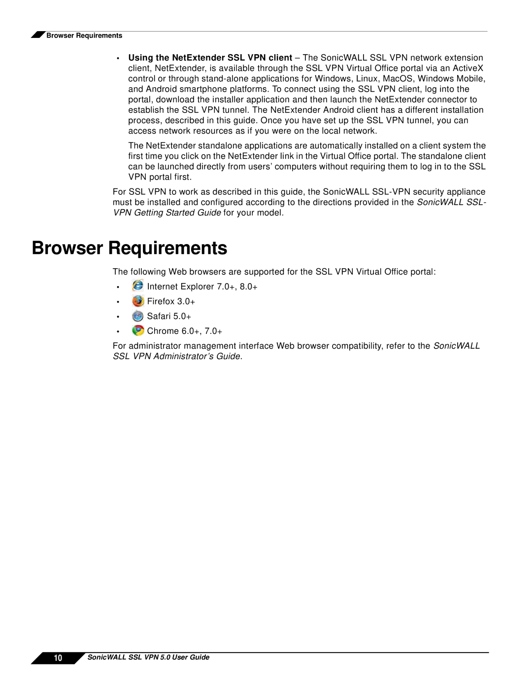 SonicWALL SSL VPN 5.0 manual Browser Requirements 