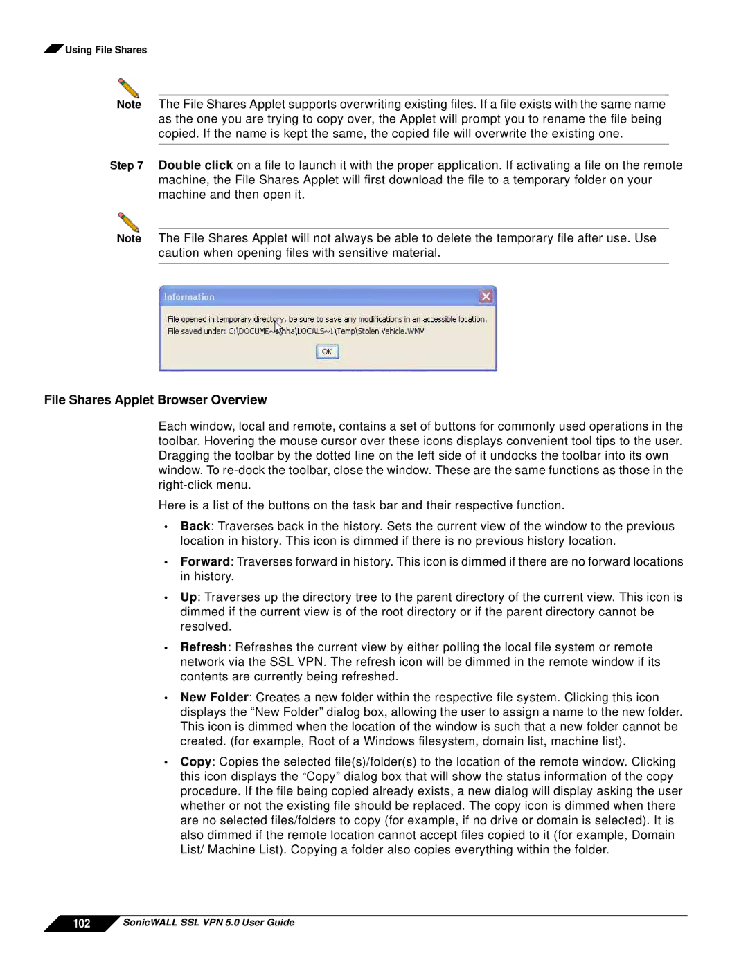 SonicWALL SSL VPN 5.0 manual File Shares Applet Browser Overview 