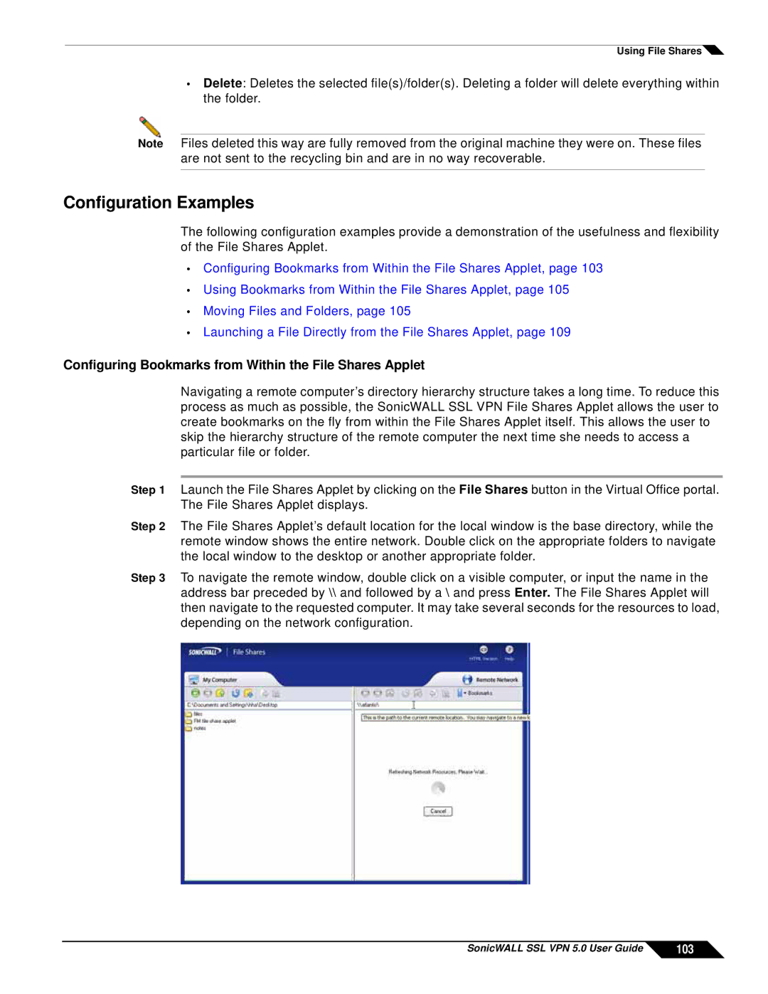 SonicWALL SSL VPN 5.0 manual Configuration Examples, Configuring Bookmarks from Within the File Shares Applet, 103 