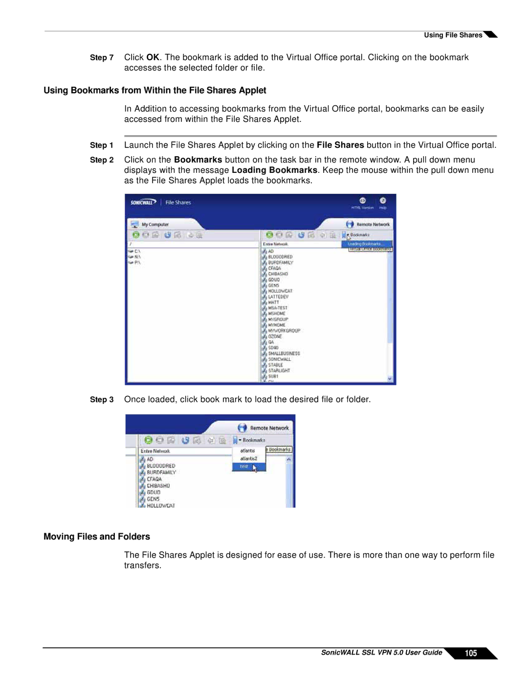 SonicWALL SSL VPN 5.0 manual Using Bookmarks from Within the File Shares Applet, Moving Files and Folders, 105 