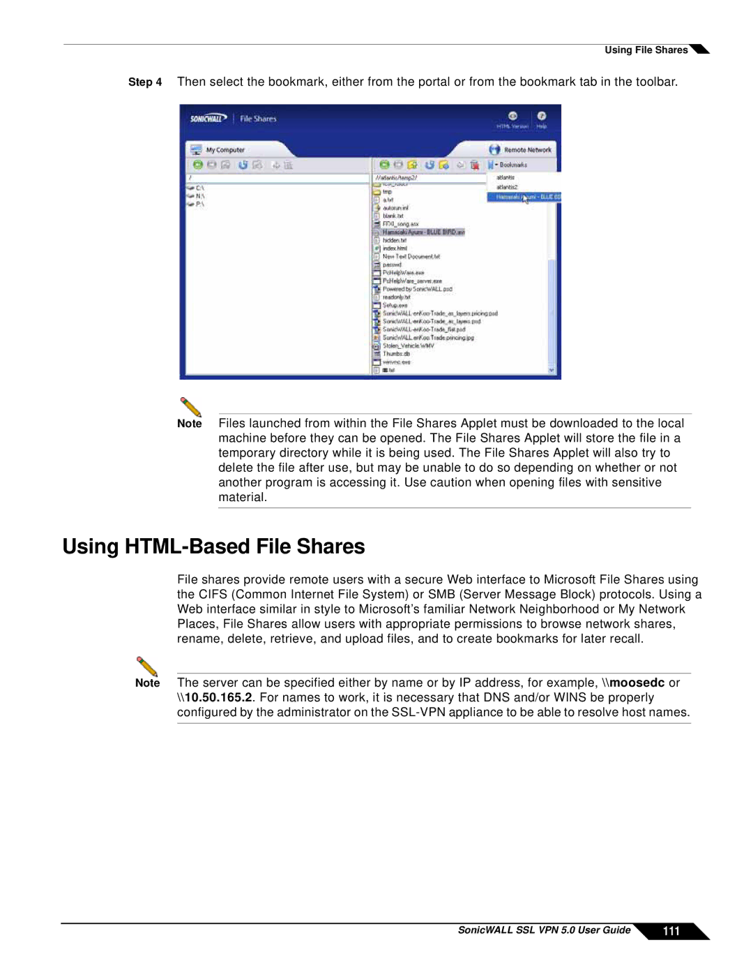 SonicWALL SSL VPN 5.0 manual Using HTML-Based File Shares, 111 