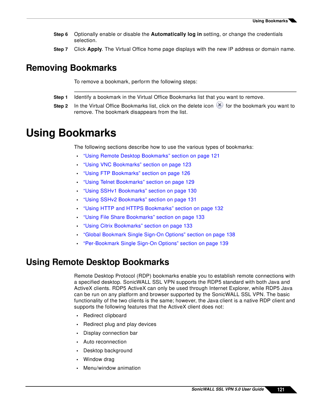 SonicWALL SSL VPN 5.0 manual Using Bookmarks, Removing Bookmarks, Using Remote Desktop Bookmarks, 121 