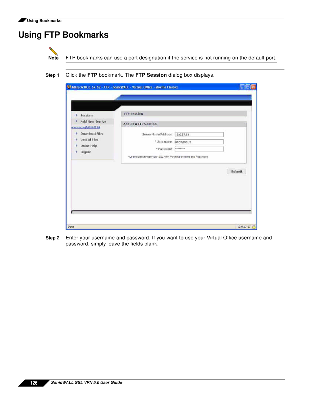 SonicWALL SSL VPN 5.0 manual Using FTP Bookmarks 