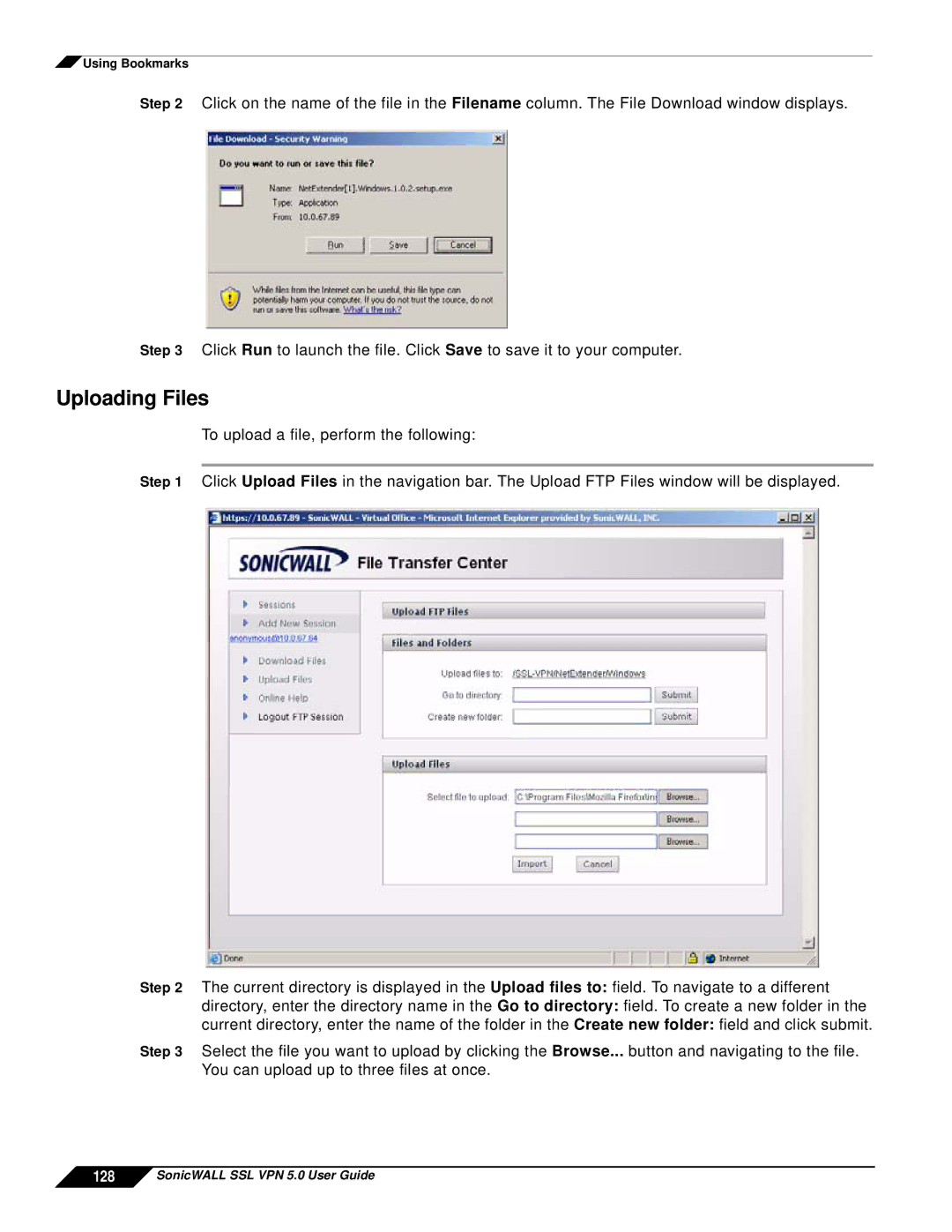 SonicWALL SSL VPN 5.0 manual Uploading Files 