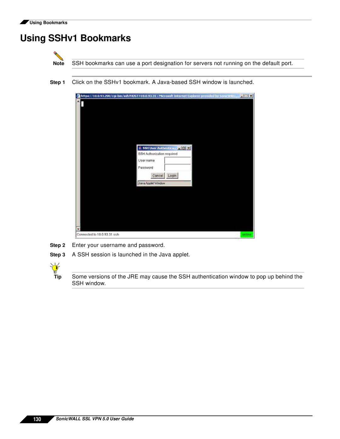 SonicWALL SSL VPN 5.0 manual Using SSHv1 Bookmarks 