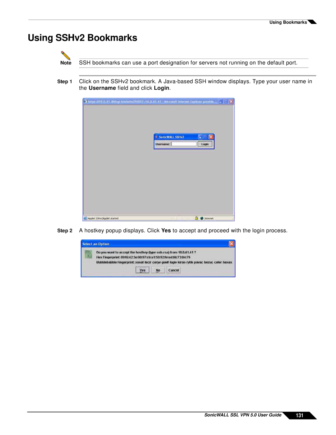 SonicWALL SSL VPN 5.0 manual Using SSHv2 Bookmarks, 131 