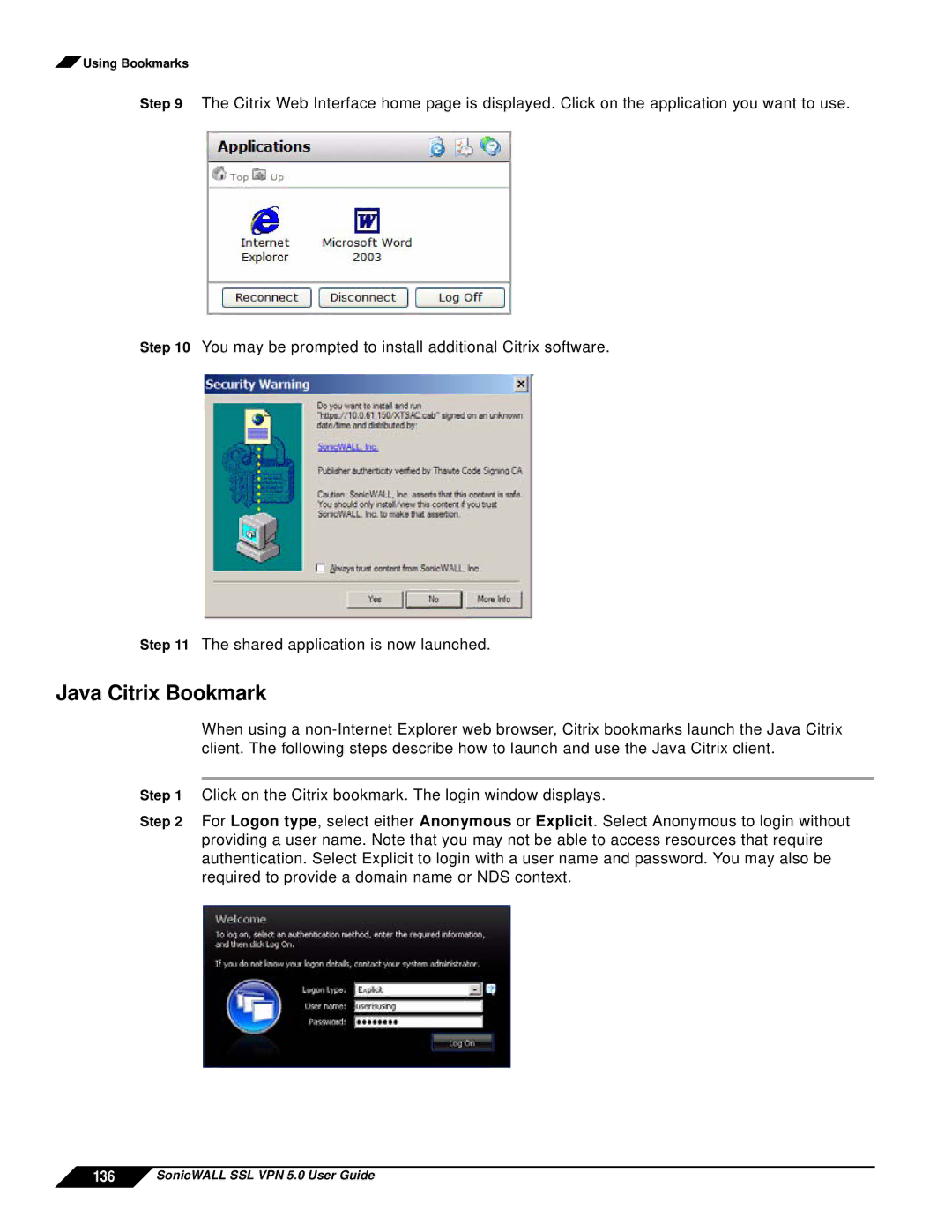 SonicWALL SSL VPN 5.0 manual Java Citrix Bookmark 