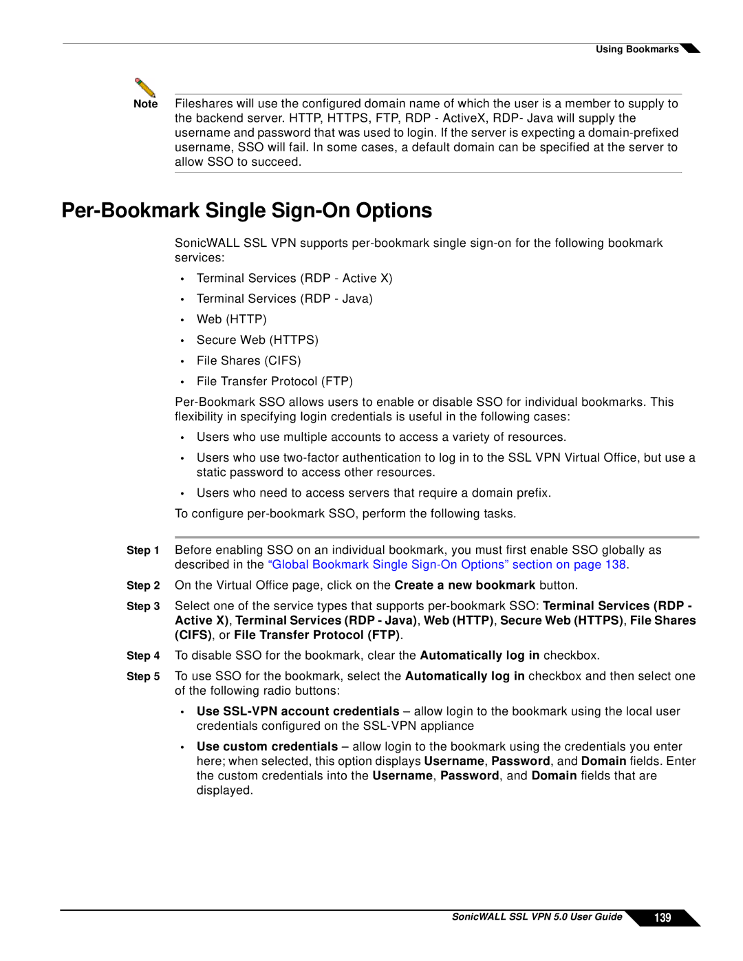 SonicWALL SSL VPN 5.0 manual Per-Bookmark Single Sign-On Options, 139 