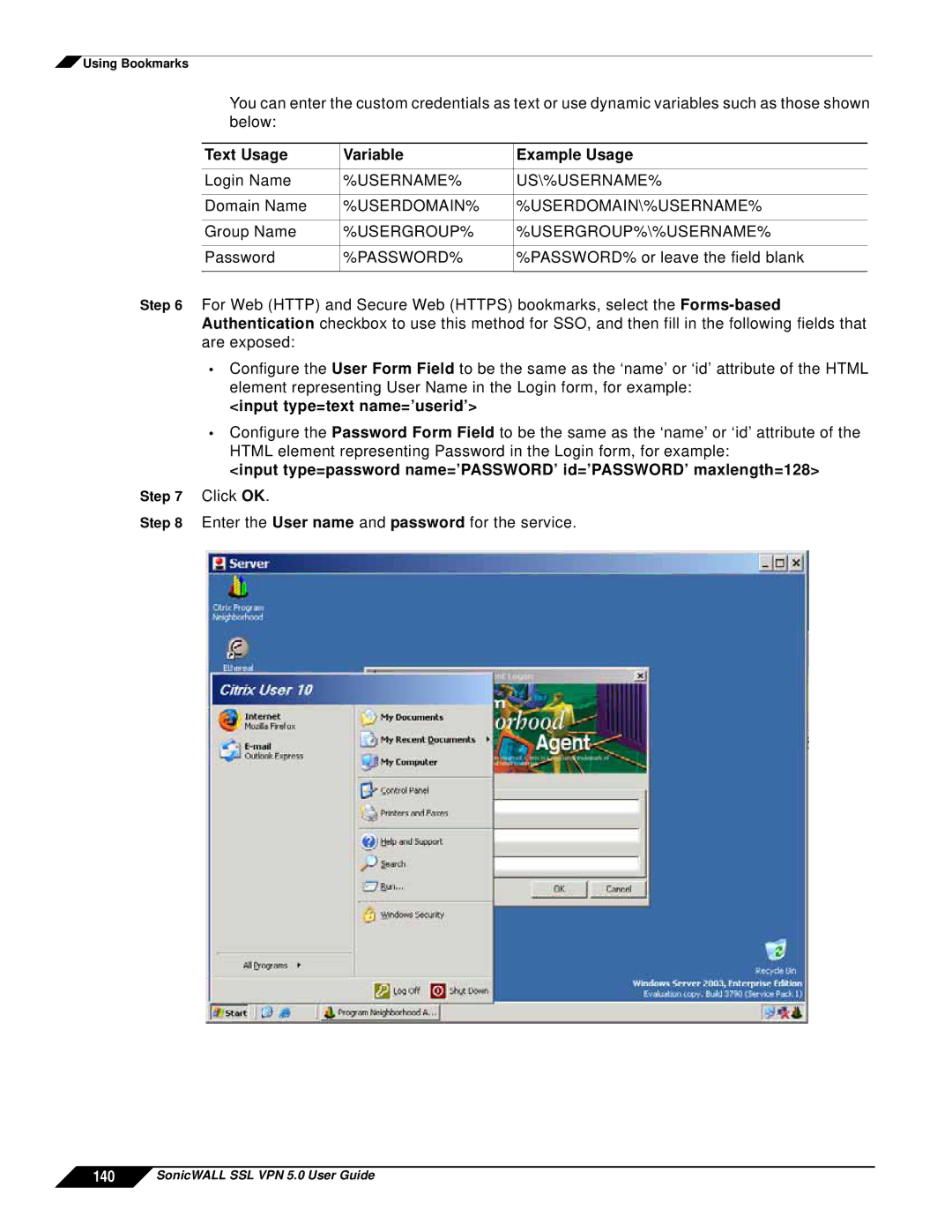 SonicWALL SSL VPN 5.0 manual Text Usage Variable Example Usage, Password% 