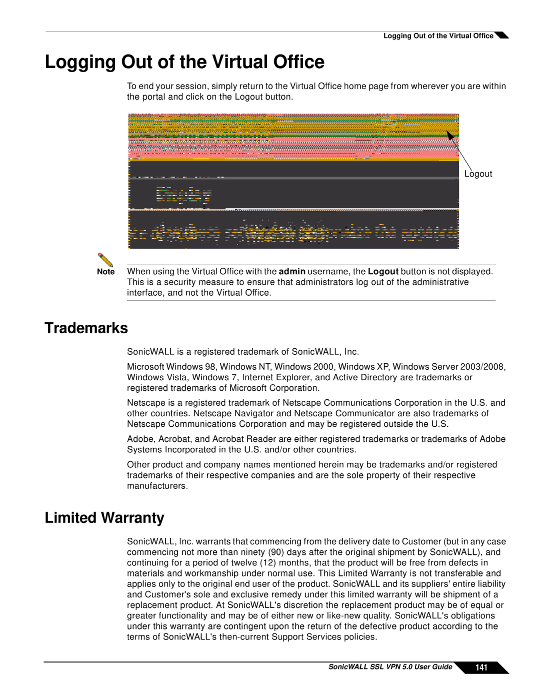 SonicWALL SSL VPN 5.0 manual Logging Out of the Virtual Office, Trademarks, Limited Warranty, 141 