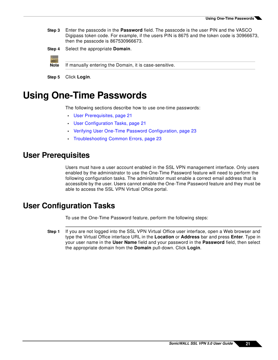 SonicWALL SSL VPN 5.0 manual Using One-Time Passwords, User Prerequisites 