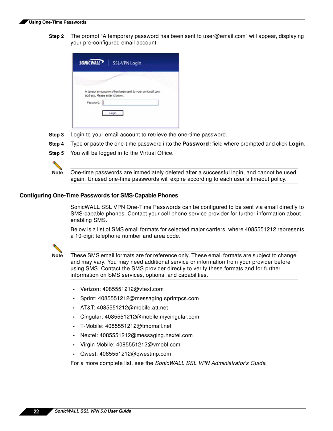 SonicWALL SSL VPN 5.0 manual Configuring One-Time Passwords for SMS-Capable Phones 