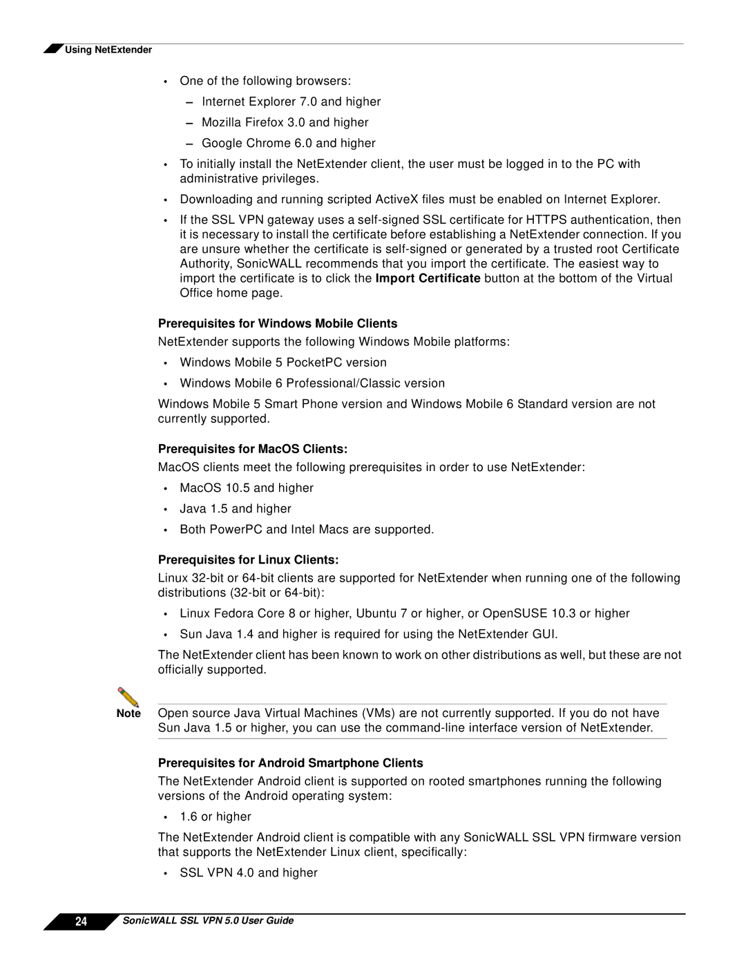 SonicWALL SSL VPN 5.0 manual Prerequisites for Windows Mobile Clients, Prerequisites for MacOS Clients 