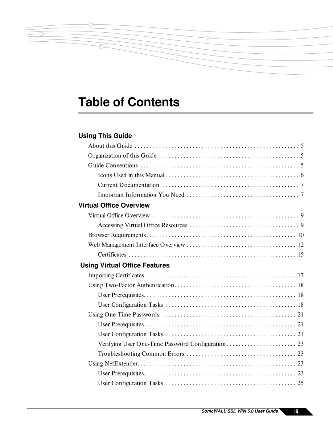 SonicWALL SSL VPN 5.0 manual Table of Contents 