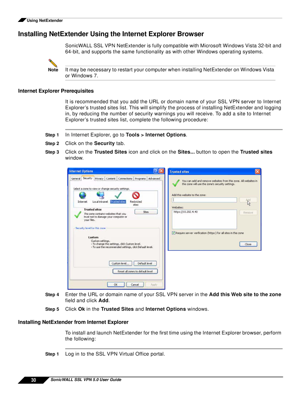 SonicWALL SSL VPN 5.0 manual Installing NetExtender Using the Internet Explorer Browser, Internet Explorer Prerequisites 