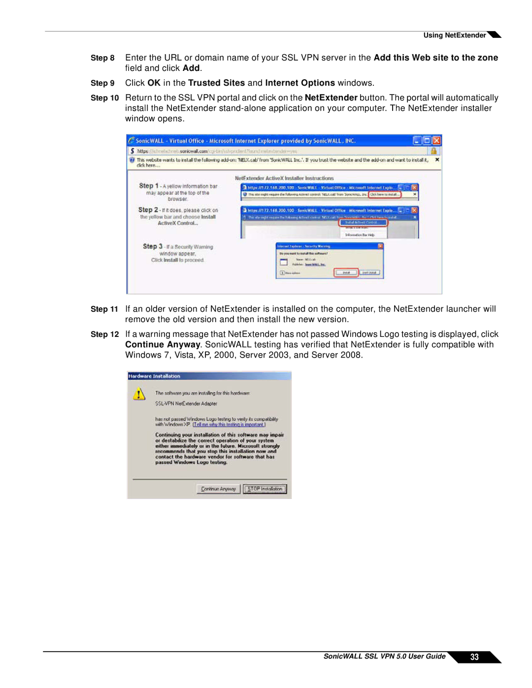 SonicWALL SSL VPN 5.0 manual Click OK in the Trusted Sites and Internet Options windows 