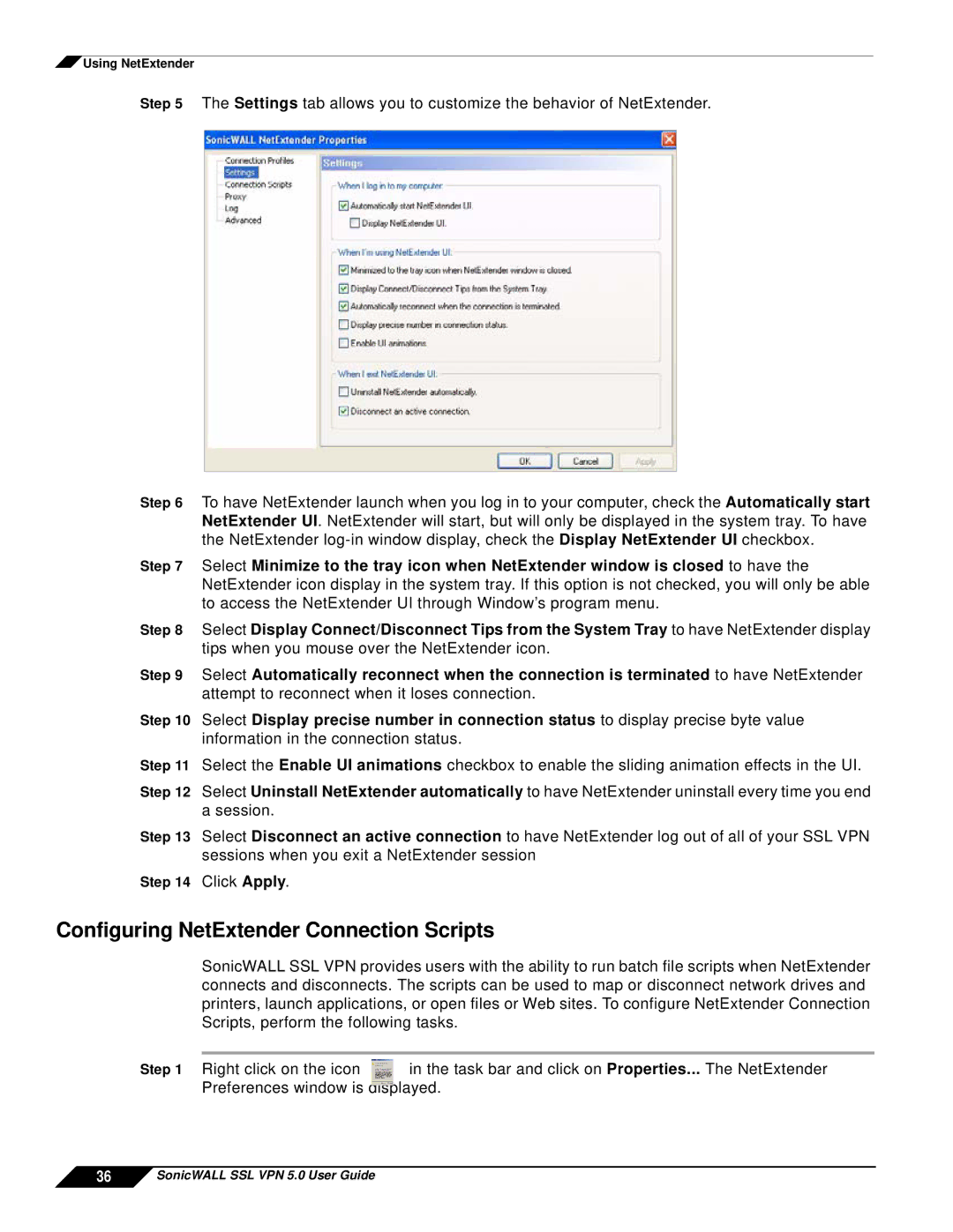 SonicWALL SSL VPN 5.0 manual Configuring NetExtender Connection Scripts 