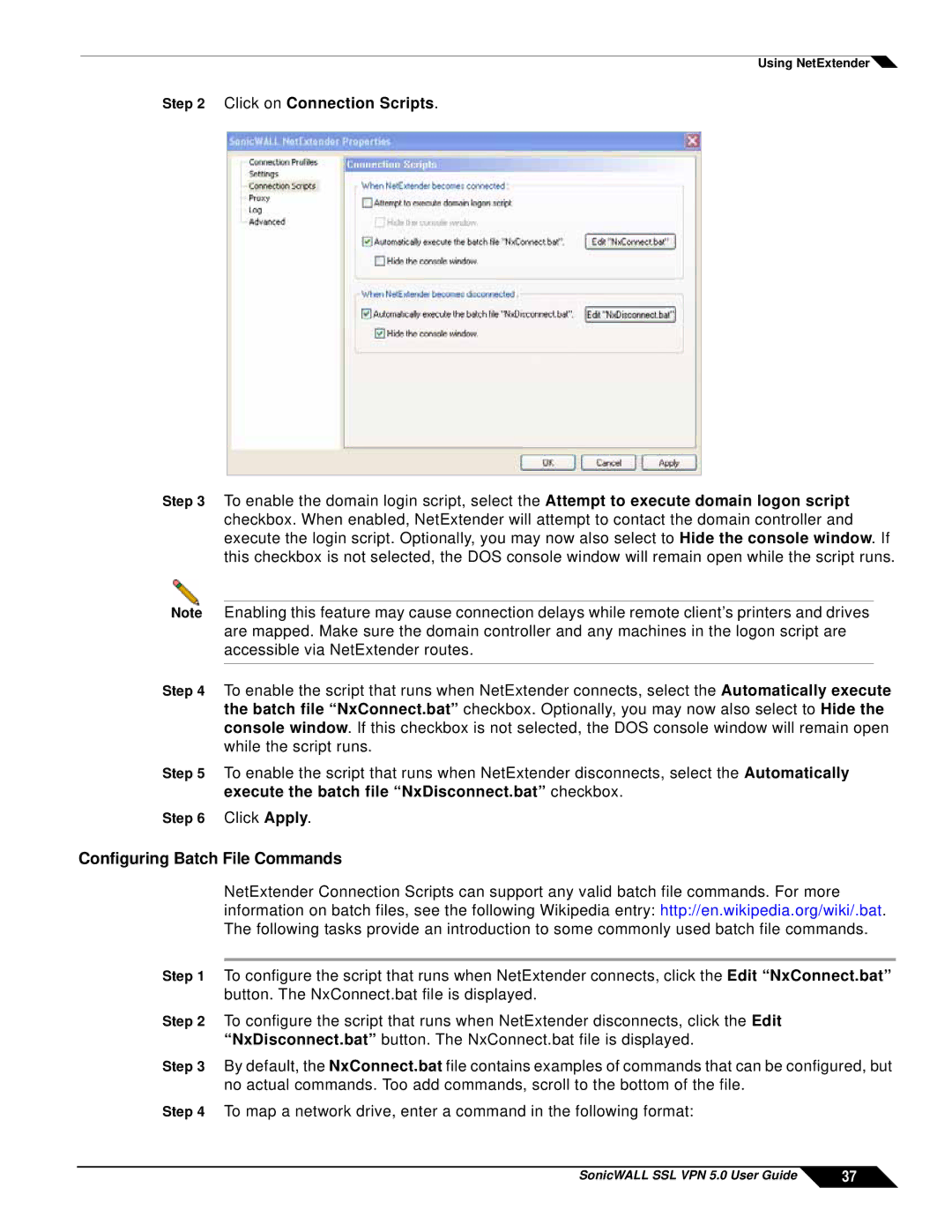 SonicWALL SSL VPN 5.0 manual Configuring Batch File Commands, Click on Connection Scripts 