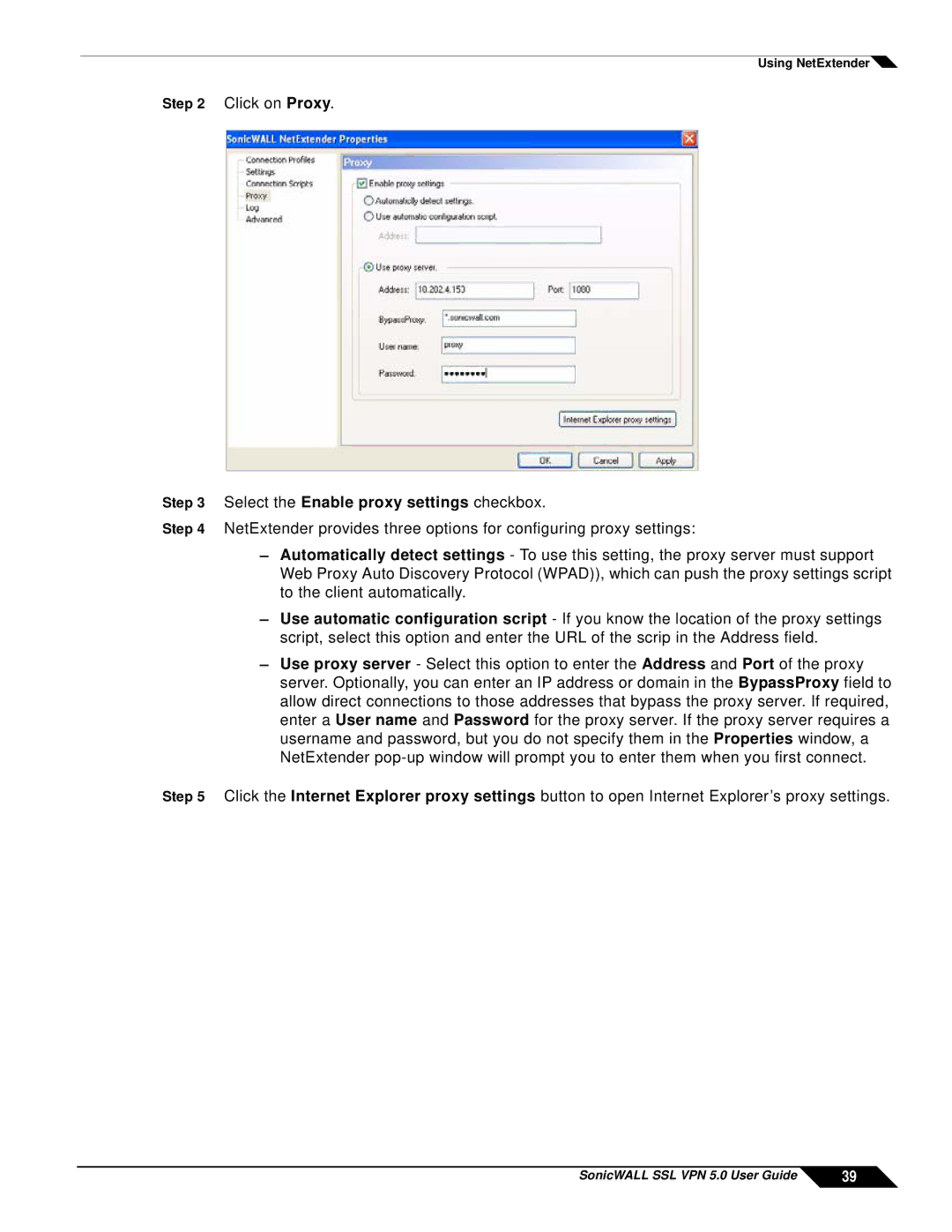 SonicWALL SSL VPN 5.0 manual Select the Enable proxy settings checkbox 