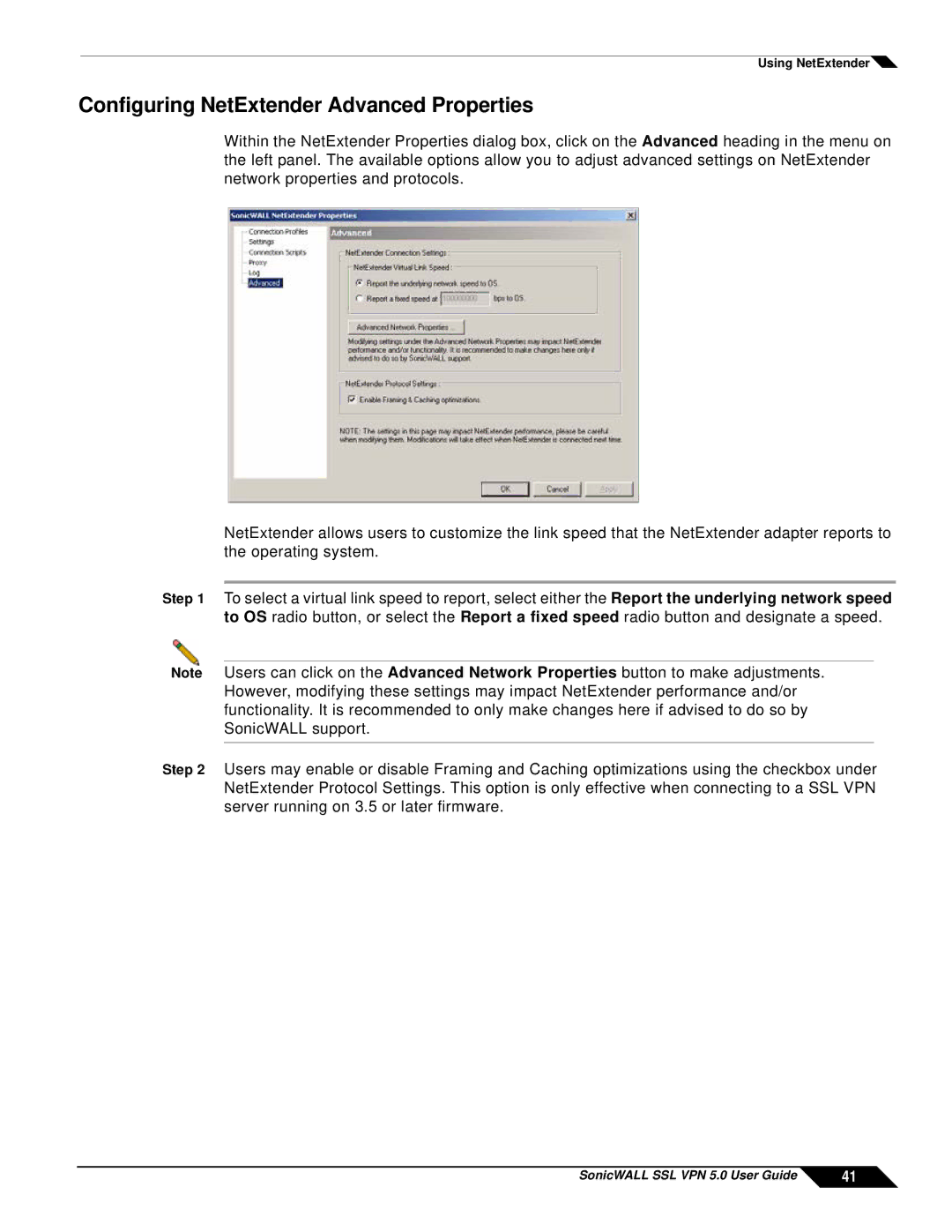 SonicWALL SSL VPN 5.0 manual Configuring NetExtender Advanced Properties 