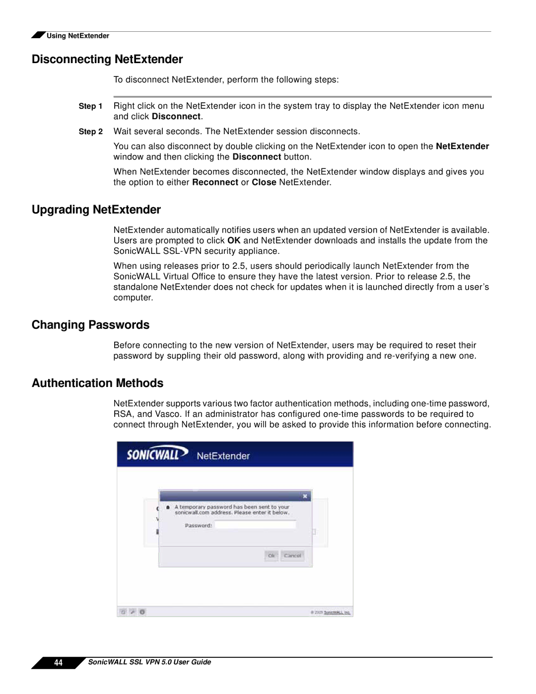 SonicWALL SSL VPN 5.0 manual Disconnecting NetExtender, Upgrading NetExtender, Changing Passwords, Authentication Methods 