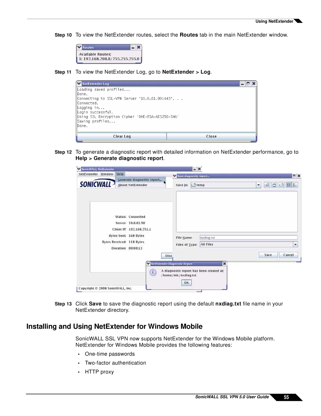 SonicWALL SSL VPN 5.0 manual Installing and Using NetExtender for Windows Mobile 