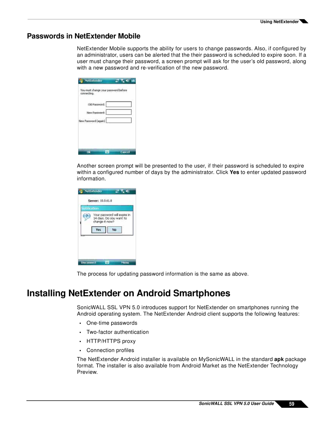 SonicWALL SSL VPN 5.0 manual Installing NetExtender on Android Smartphones, Passwords in NetExtender Mobile 