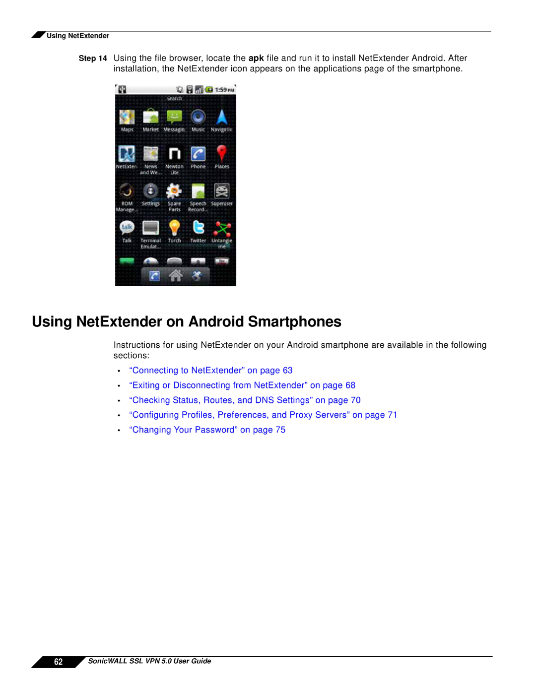 SonicWALL SSL VPN 5.0 manual Using NetExtender on Android Smartphones 