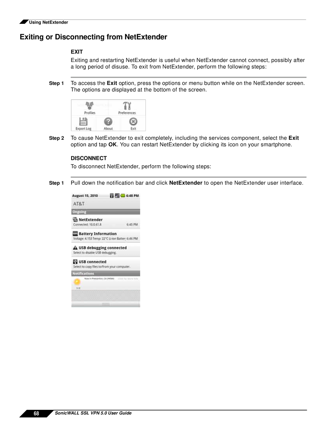 SonicWALL SSL VPN 5.0 manual Exiting or Disconnecting from NetExtender 