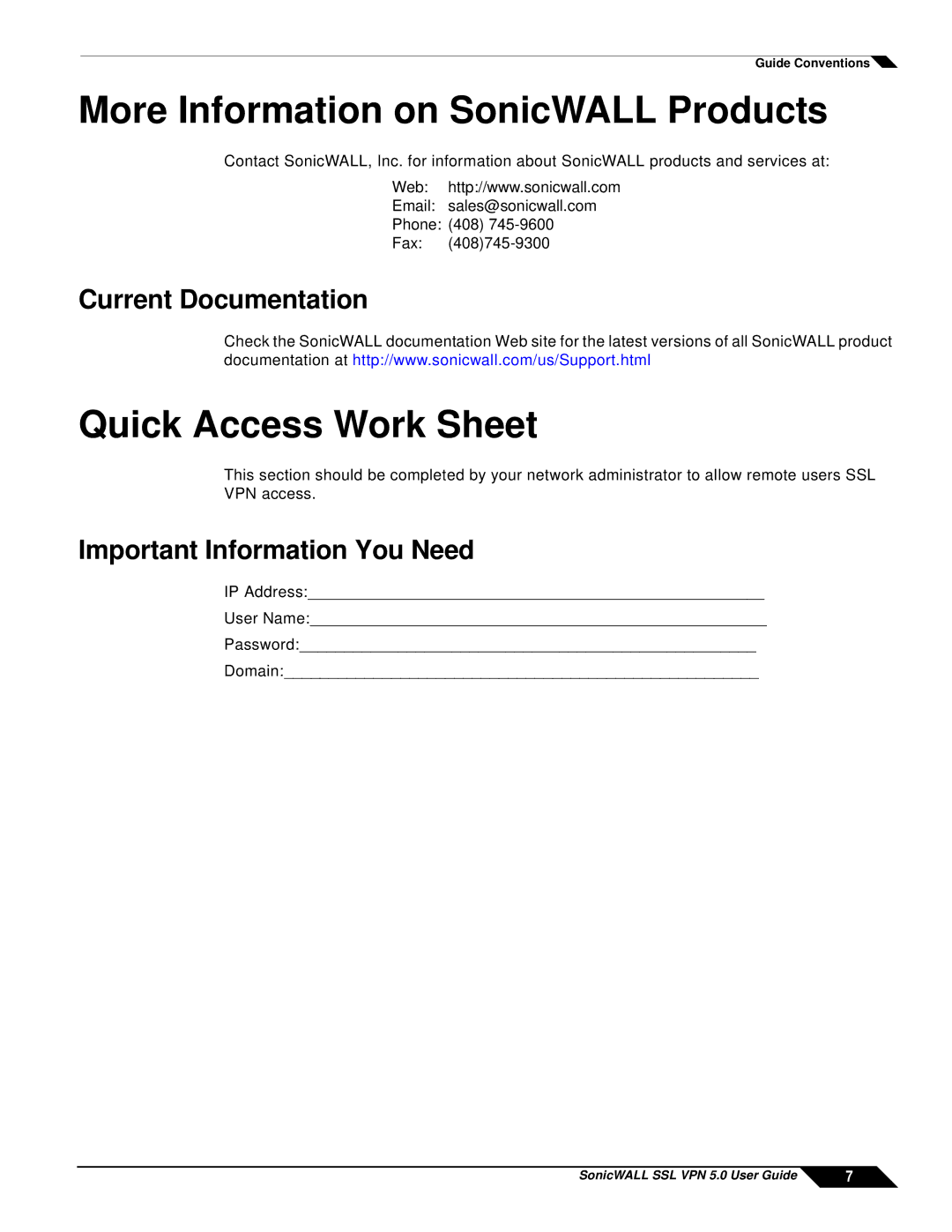 SonicWALL SSL VPN 5.0 manual Current Documentation, Important Information You Need 