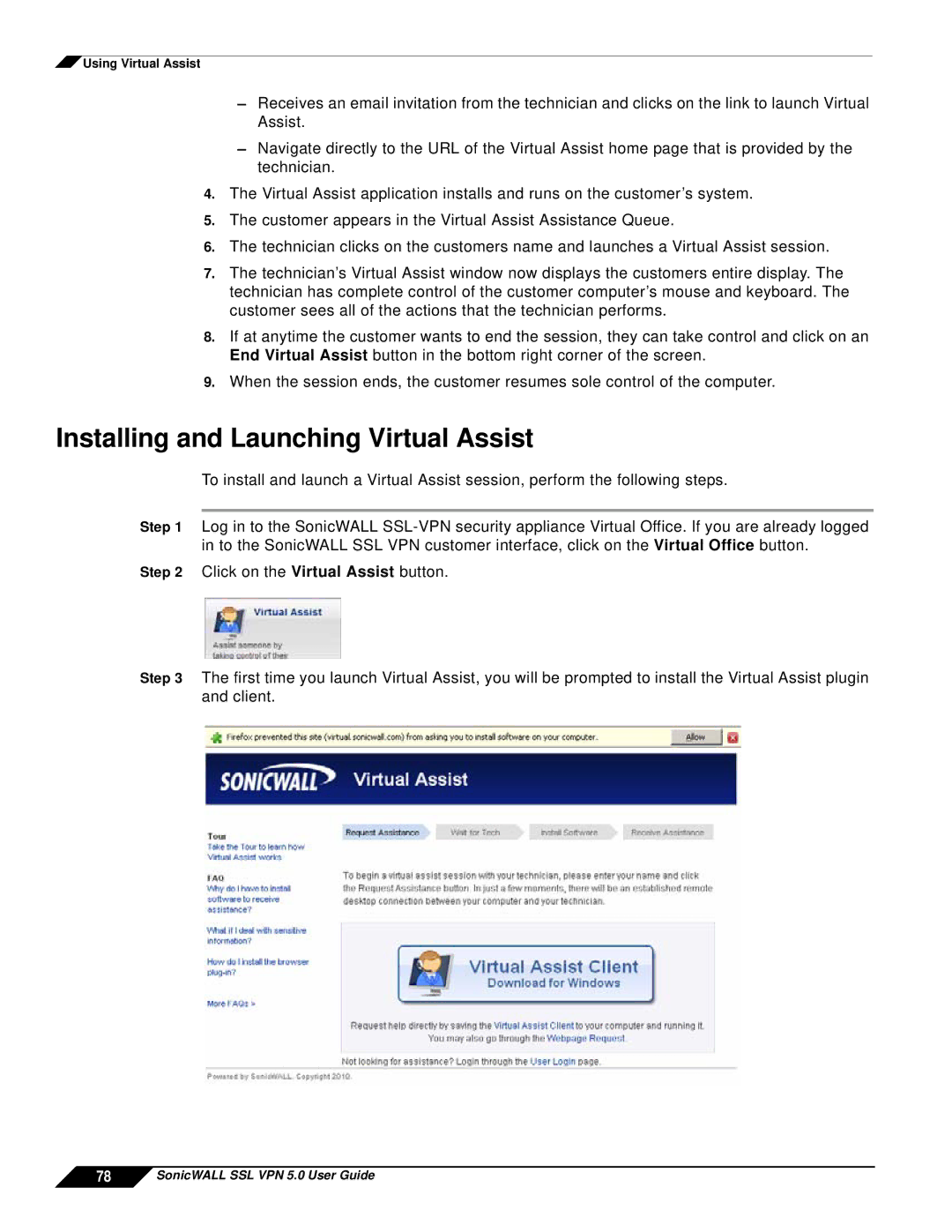 SonicWALL SSL VPN 5.0 manual Installing and Launching Virtual Assist 