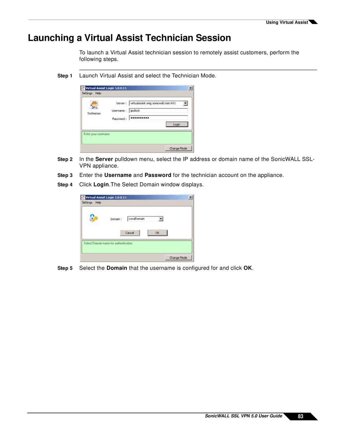 SonicWALL SSL VPN 5.0 manual Launching a Virtual Assist Technician Session 