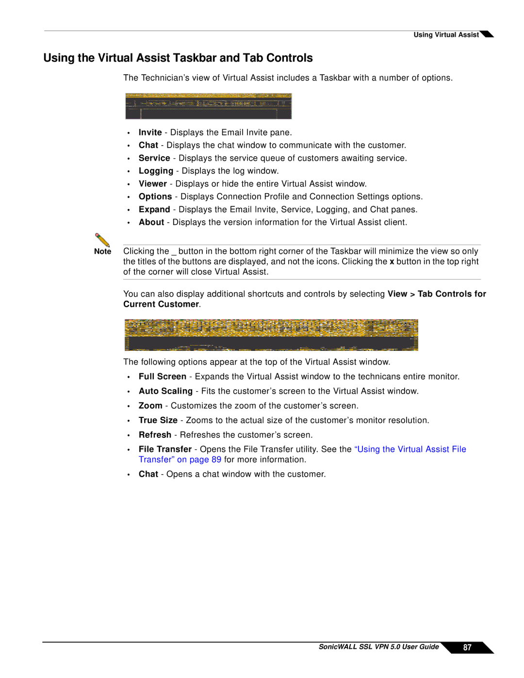 SonicWALL SSL VPN 5.0 manual Using the Virtual Assist Taskbar and Tab Controls 