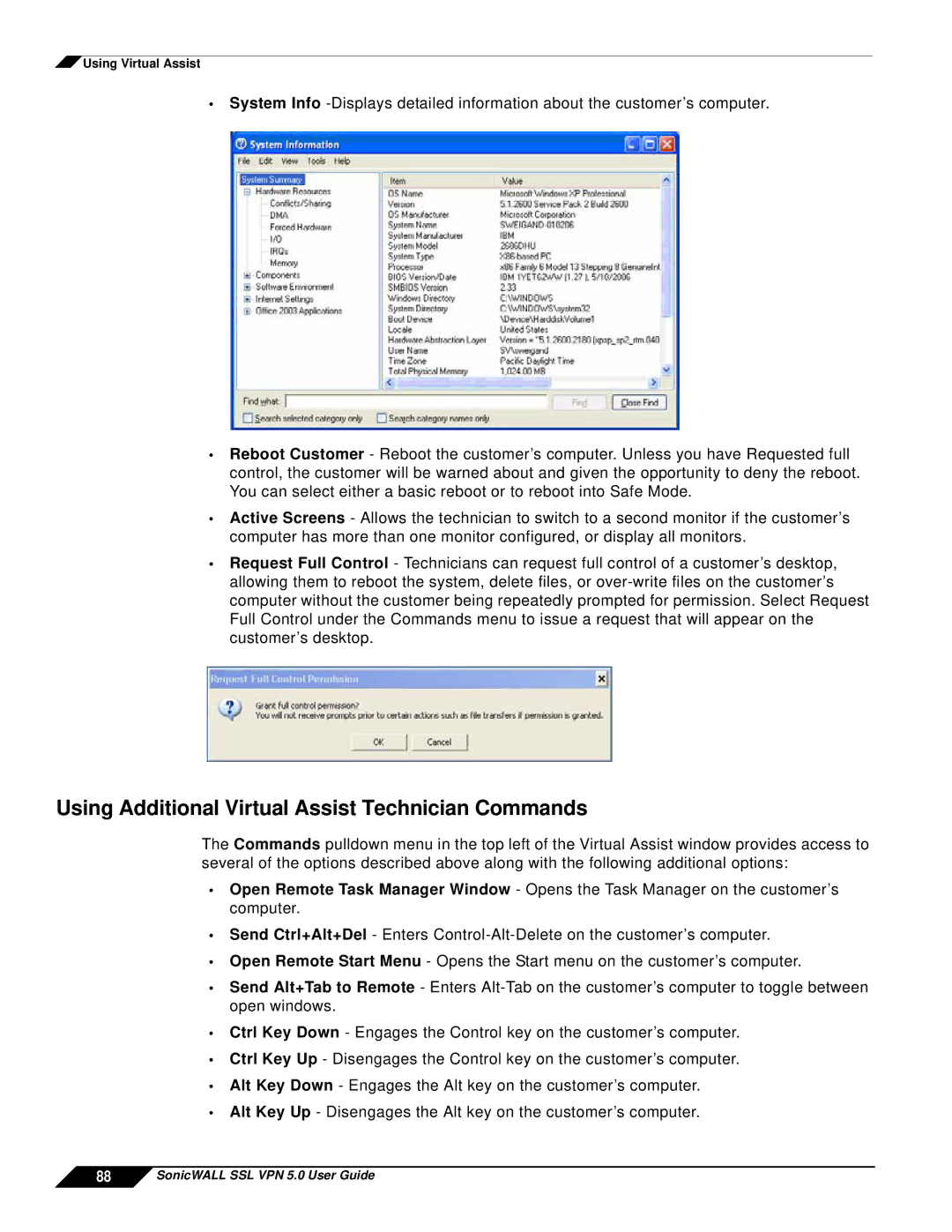 SonicWALL SSL VPN 5.0 manual Using Additional Virtual Assist Technician Commands 