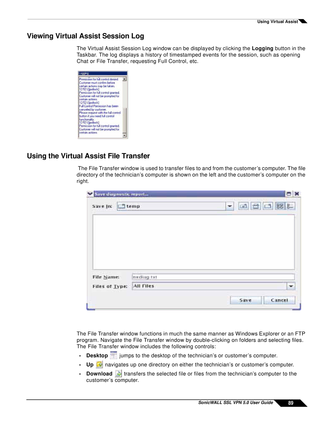 SonicWALL SSL VPN 5.0 manual Viewing Virtual Assist Session Log, Using the Virtual Assist File Transfer 