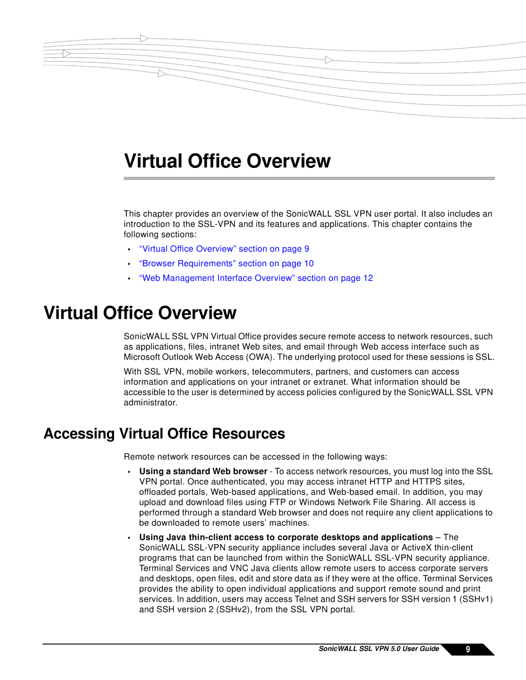 SonicWALL SSL VPN 5.0 manual Virtual Office Overview, Accessing Virtual Office Resources 