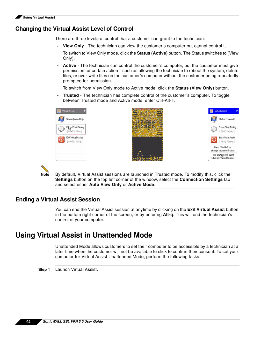 SonicWALL SSL VPN 5.0 manual Using Virtual Assist in Unattended Mode, Changing the Virtual Assist Level of Control 