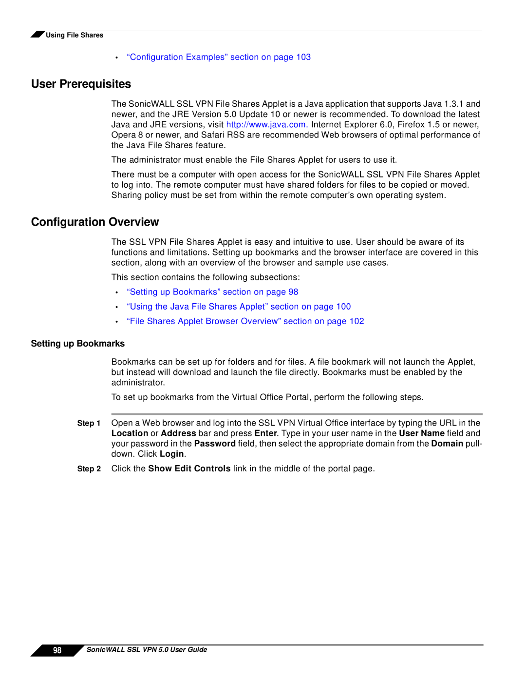 SonicWALL SSL VPN 5.0 manual User Prerequisites, Configuration Overview, Setting up Bookmarks 