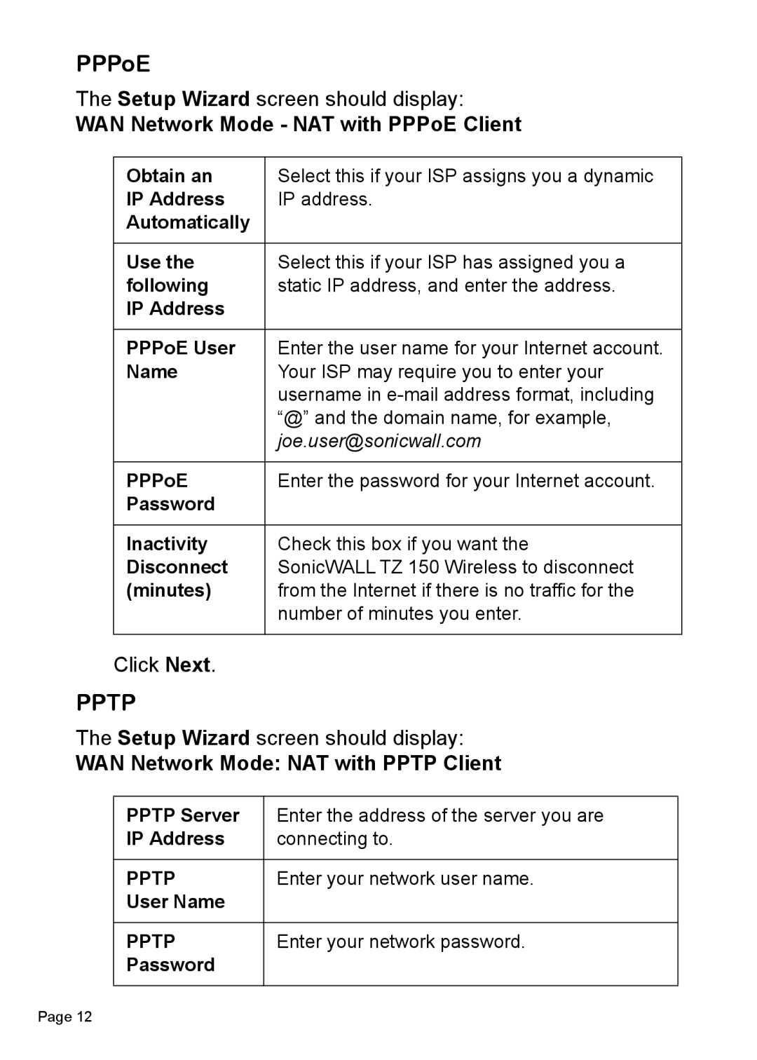 SonicWALL TZ 150 Wireless manual WAN Network Mode NAT with PPPoE Client, WAN Network Mode NAT with Pptp Client 