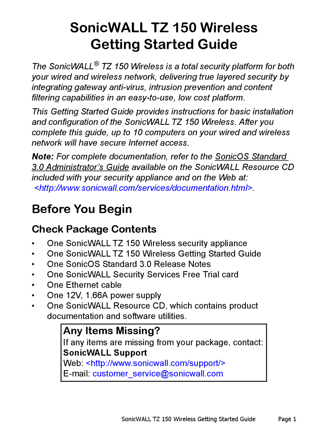 SonicWALL TZ 150 Wireless manual Before You Begin, Check Package Contents, Any Items Missing? 