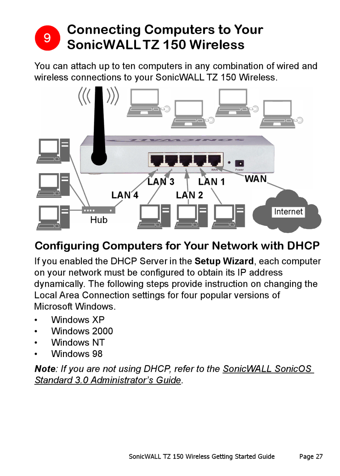 SonicWALL manual Connecting Computers to Your SonicWALLTZ 150 Wireless, Configuring Computers for Your Network with Dhcp 