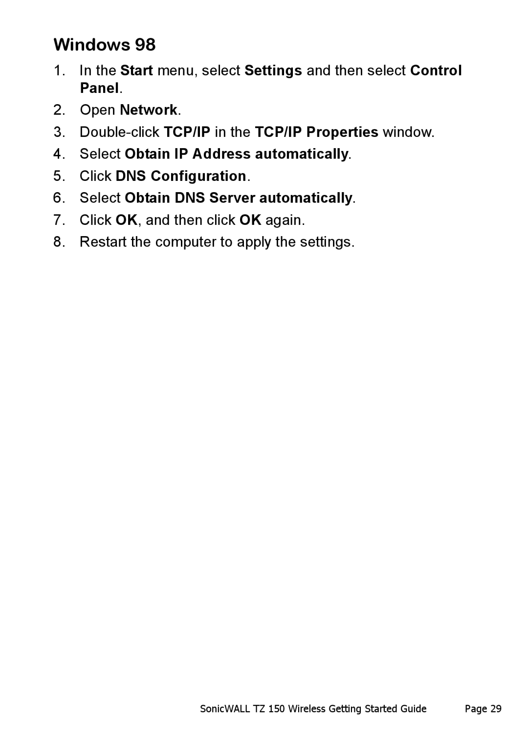 SonicWALL TZ 150 Wireless manual Start menu, select Settings and then select Control Panel 