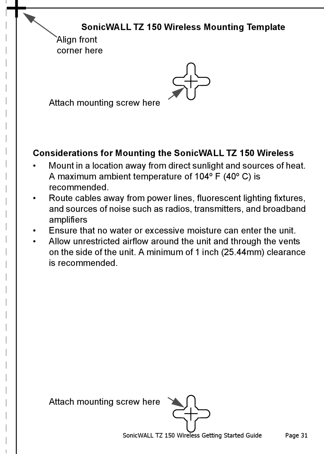 SonicWALL manual SonicWALL TZ 150 Wireless Mounting Template, Considerations for Mounting the SonicWALL TZ 150 Wireless 