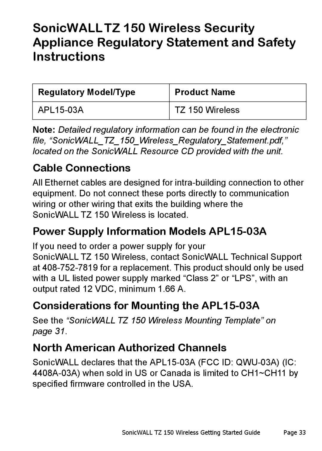 SonicWALL TZ 150 Wireless Cable Connections, Power Supply Information Models APL15-03A, North American Authorized Channels 