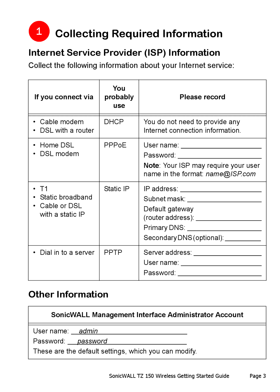 SonicWALL TZ 150 Wireless Collecting Required Information, Internet Service Provider ISP Information, Other Information 