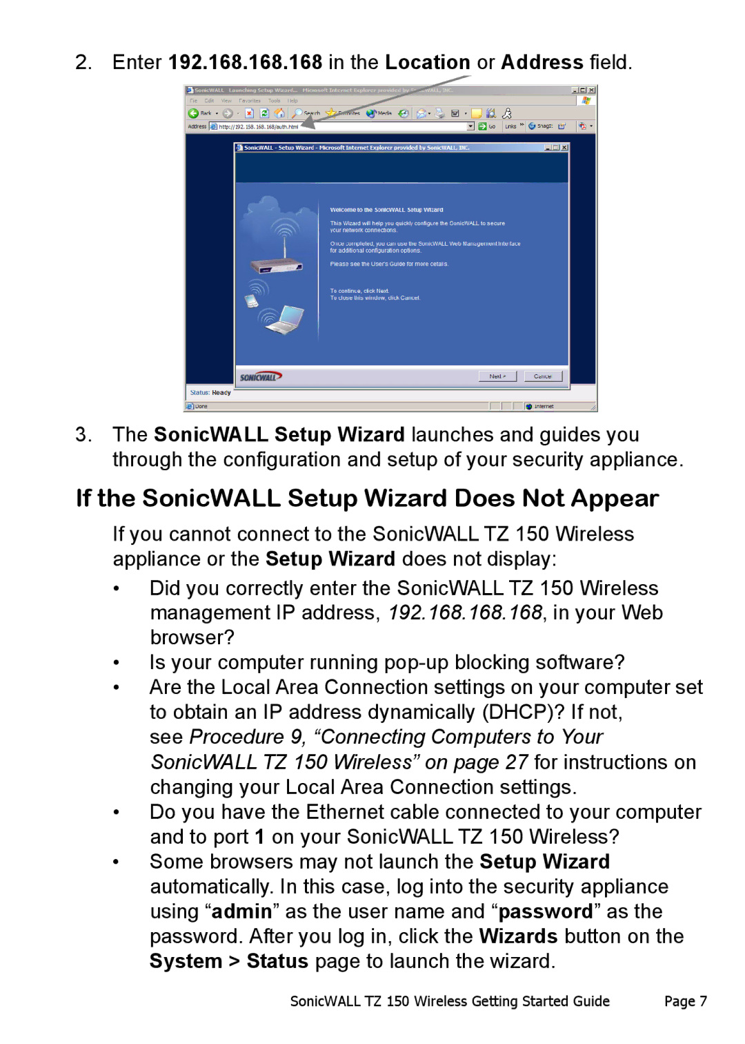 SonicWALL TZ 150 Wireless manual If the SonicWALL Setup Wizard Does Not Appear 