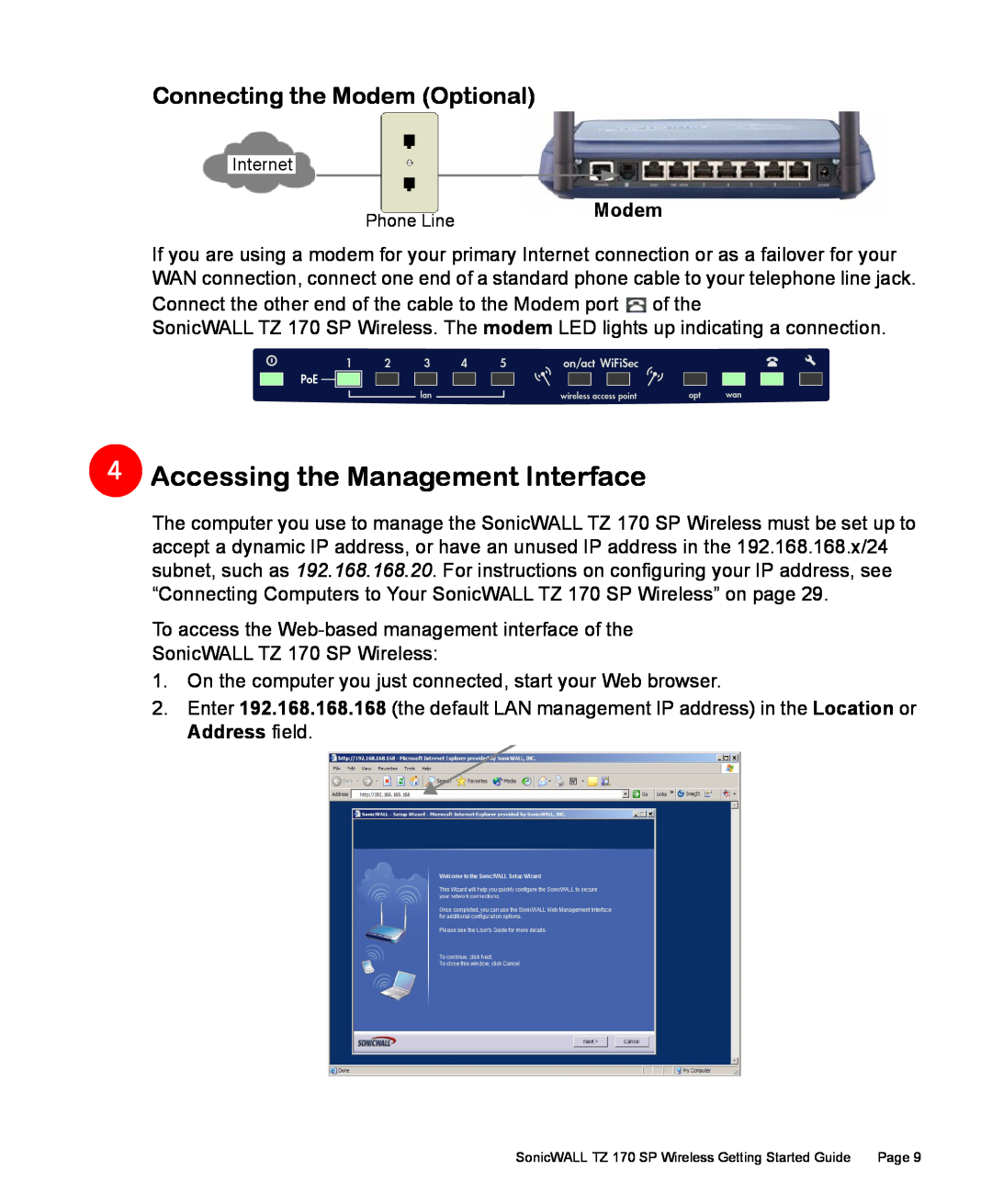 SonicWALL TZ 170 SP manual Accessing the Management Interface, Connecting the Modem Optional 