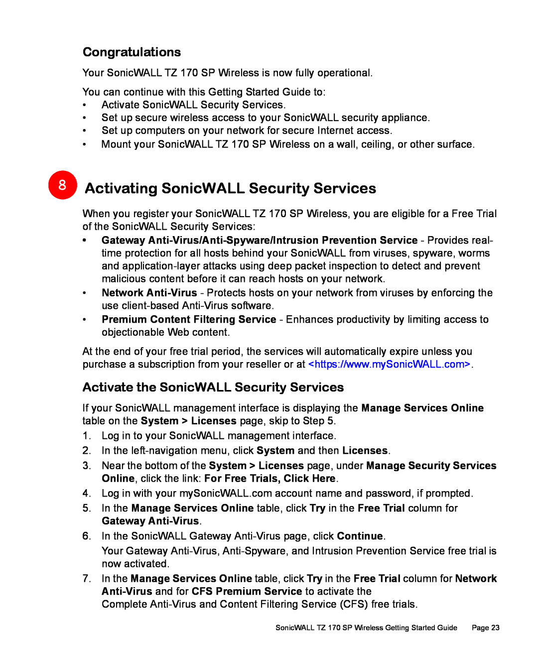 SonicWALL TZ 170 SP Activating SonicWALL Security Services, Congratulations, Activate the SonicWALL Security Services 