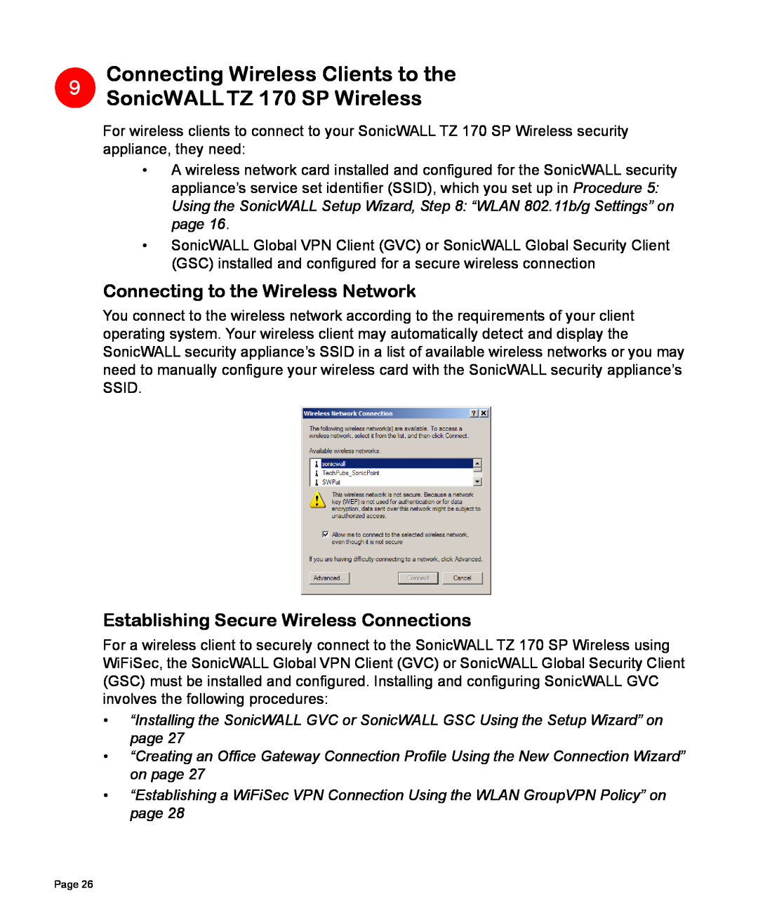 SonicWALL manual Connecting Wireless Clients to the, 9SonicWALL TZ 170 SP Wireless, Connecting to the Wireless Network 