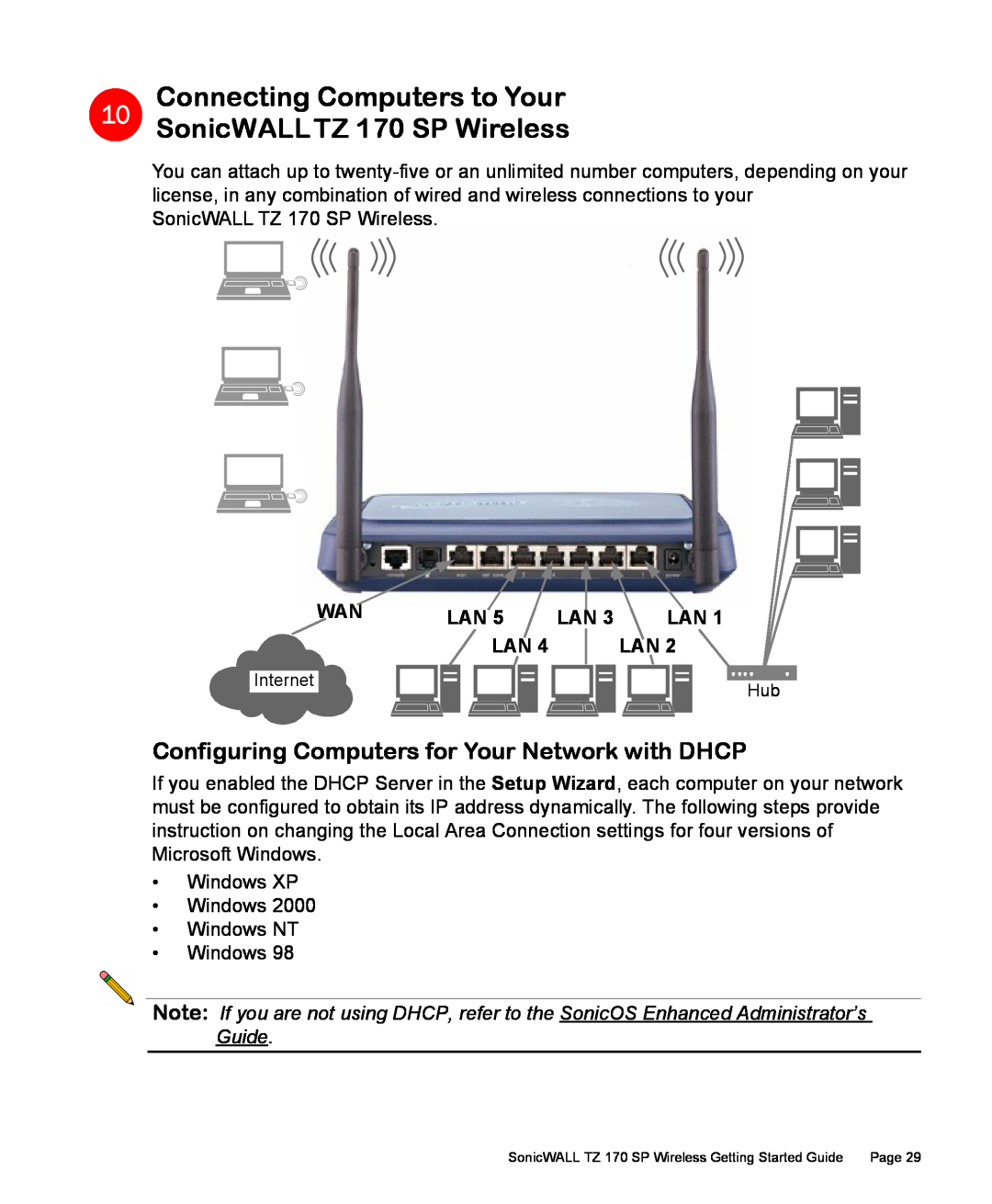 SonicWALL TZ 170 SP manual Configuring Computers for Your Network with DHCP 